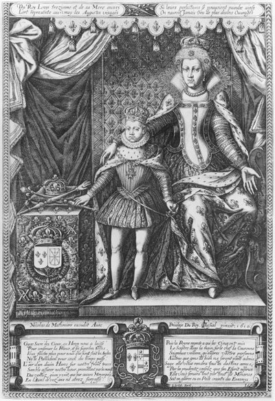 Queen Marie de Medicis and Louis XIII as a child, engraved by Nicolas de Mathoniere by François Quesnel
